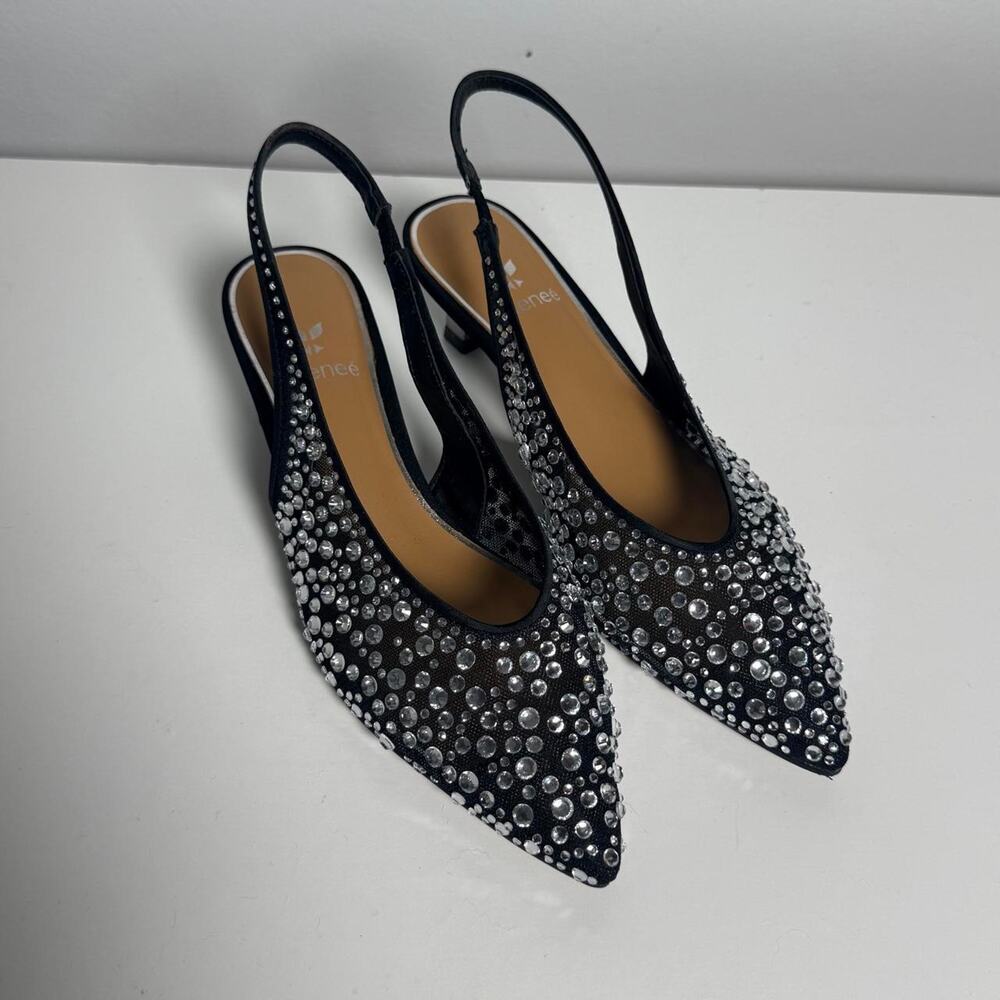 J.Renee Black Rhinestone Mesh Pointed Toe Slingback Kitten Heels 7W